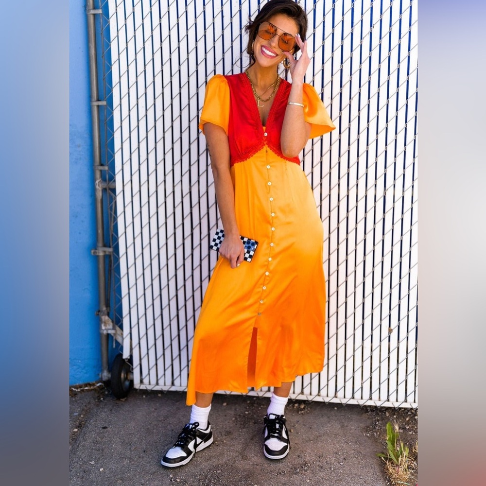 Dressed in LALA Red and Orange Midi Dress